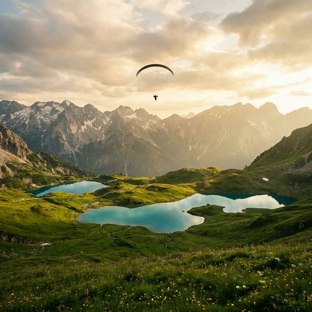 Paraglider über alpinen Seen bei Sonnenuntergang